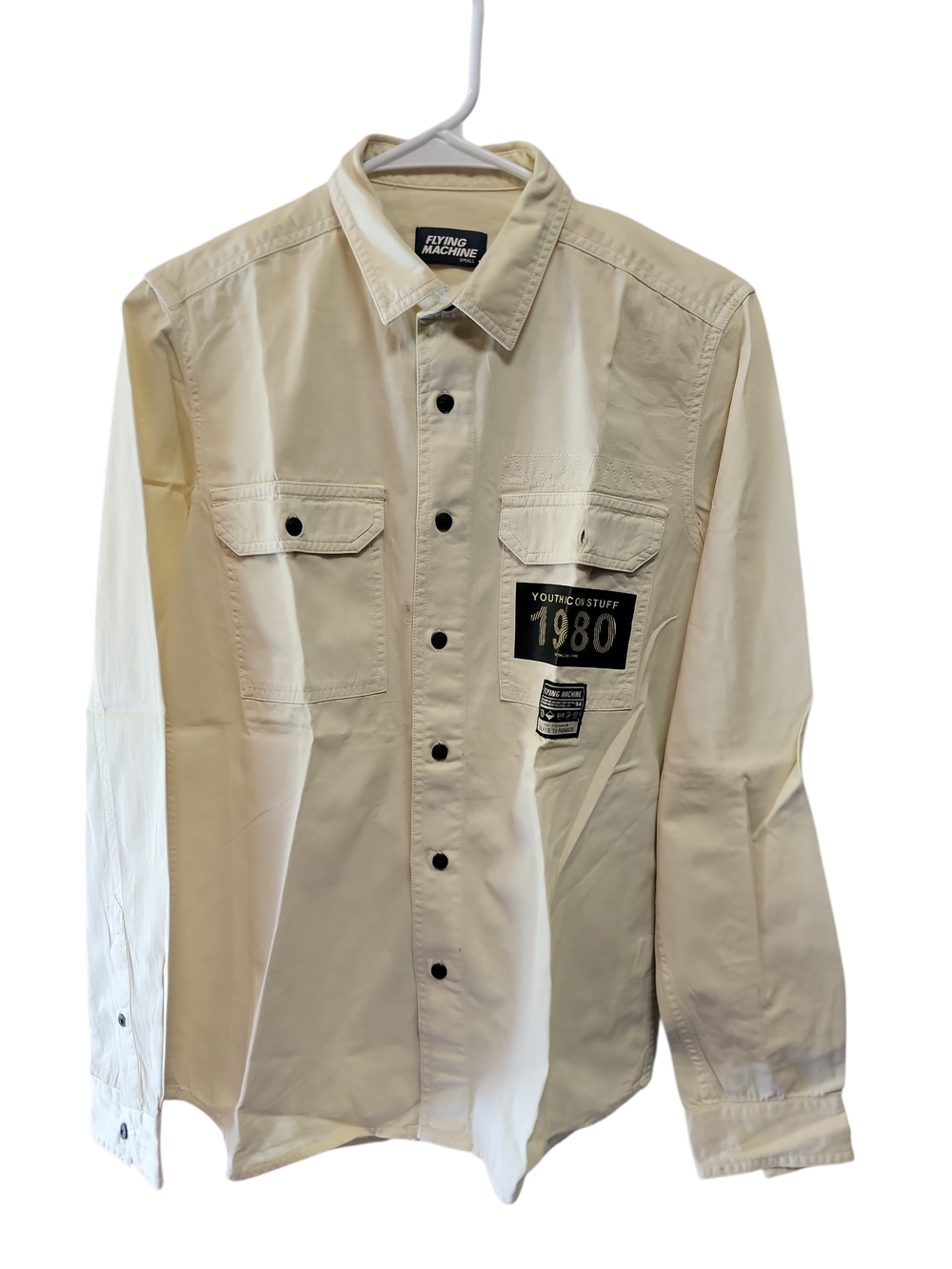 Flying Machine 1980 Patch Beige Button-Up Shirt Nwot